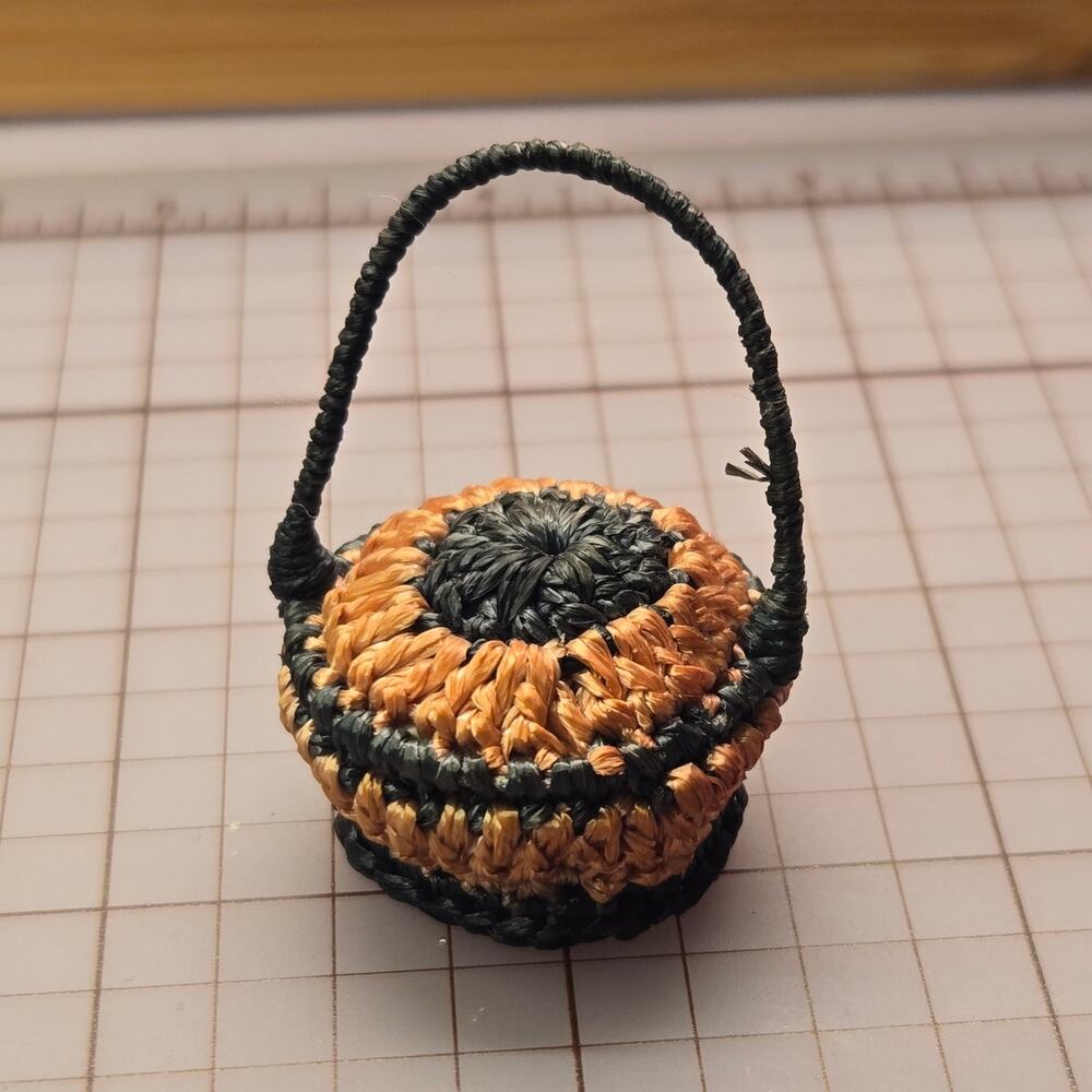 Vintage Miniature Woven Wicker Basket Black Amber Pattern Small Boho Doll